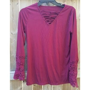 Ribbed Sweater Crochet Lace Long Sleeve Medium Burgundy Red Deep V Neck